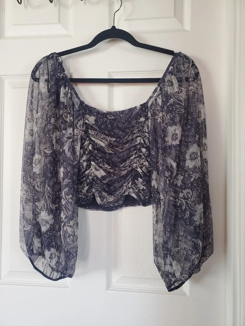 Free People Lilia Top Peasant Smocked Crop Baloon Sheer Sleeves Preppy Festival
